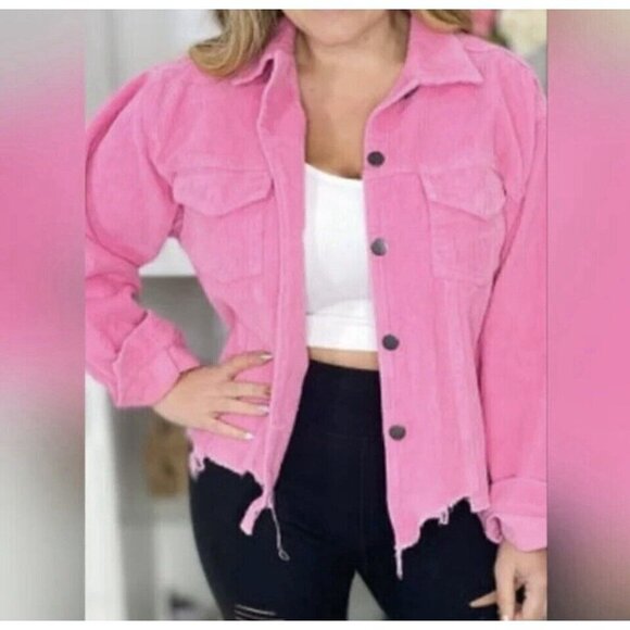 POL Jackets & Blazers - Pol Barbie Pink Wide Wale Corduroy Jacket Distressed Frayed Hem Size M Button Up